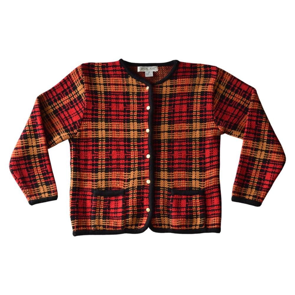 Vintage Crystal Kobe Red Plaid Knit Cardigan Sweater (Small)